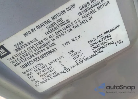 2004 Chevrolet Tahoe Ls z USA, uszkodzony, nr VIN 1GNEC13ZX4R203631